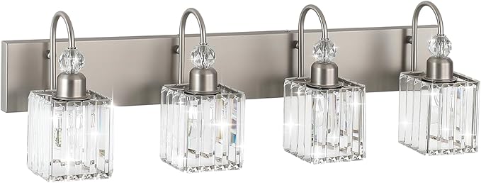 Ralbay Crystal Brushed Nickel Vanity Light for Bathroom 4-Light Modern Bathroom Light Fixtures