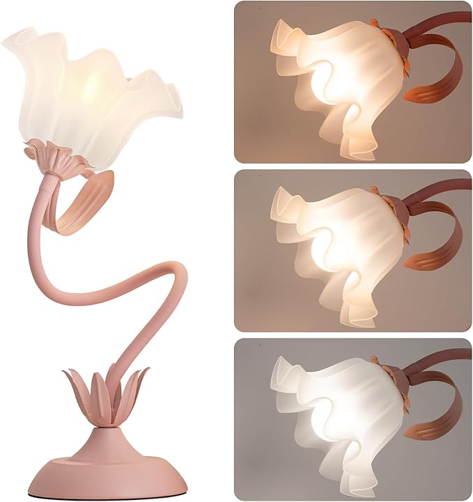 WERFOP Flower Table Lamp, LED Reading Light Vintage Bedside Table Lamp with 3 Color Modes for Nightstand, Kawaii Decoration for Home Bedroom Living Room (Pink)