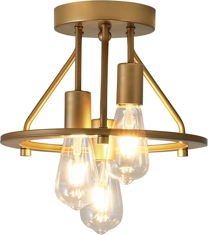 Gold 3-Light Semi Flush Mount Ceiling Light Fixture Metal Farmhouse Vintage Chandelier Circle Ceiling Lamp for Bathroom Kitchen Dining Room Laundry Room Foyer Closet Stairwell