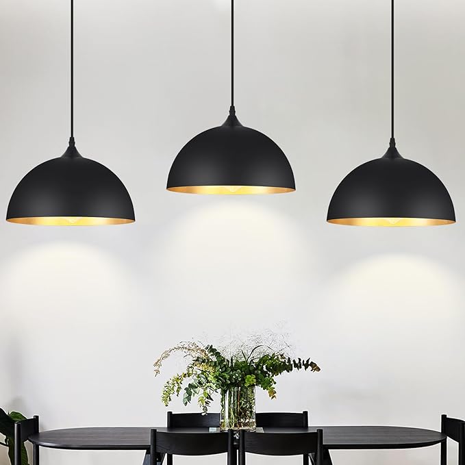 3 Pack Black Pendant Lights Kitchen Island 11.8" Modern Dome Pendant Light Fixtures Farmhouse Hanging Ceiling Light Fixture for Dining Room Foyer Hallway Bar Cafe Sink