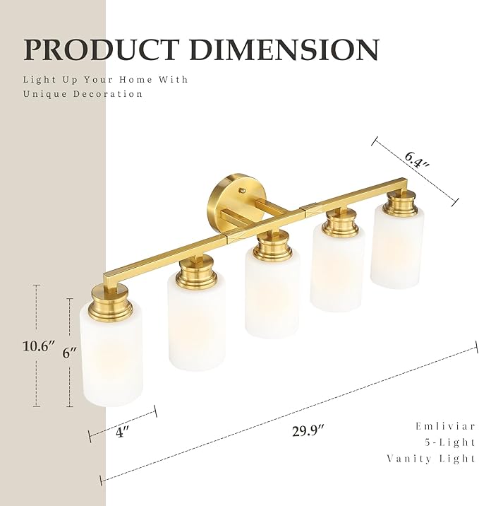 Emliviar Bathroom Vanity Light Fixture Brushed Gold, 5-Light Bathroom Lighting Fixture Over Mirror with Milk White Glass Shade, YCE253B-5W BG