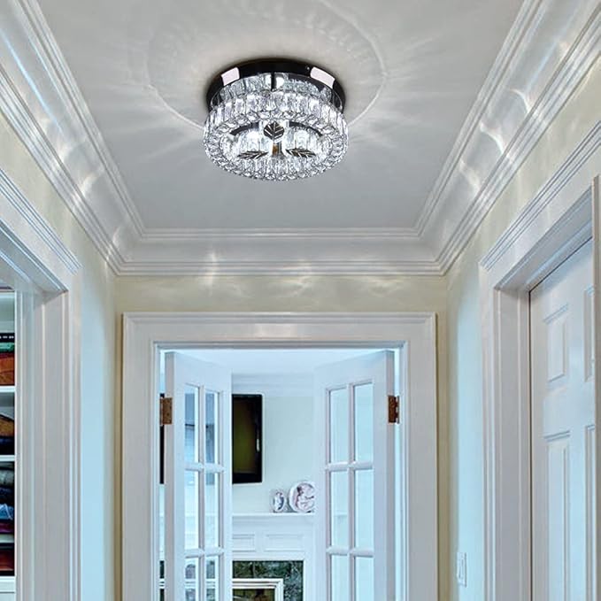 Finktonglan Crystal Flush Mount LED Ceiling Light, 11.6" Round Modern Flush Mount Ceiling Light, 30W 6500K Cool White, K9 Crystal & Stainless Steel, Non-Dimmable
