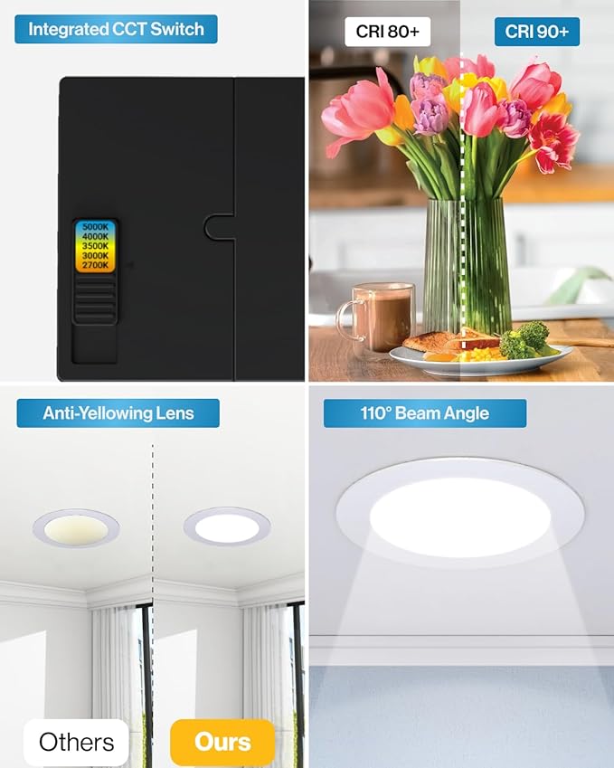 Sunco 4 Inch LED Recessed Lights, Canless Ceiling Light Slim, 650 LM, 10W, Selectable CCT 2700K/3000K/4000K/5000K/6000K, Dimmable, Wafer Thin, with Junction Box ETL 2 Pack