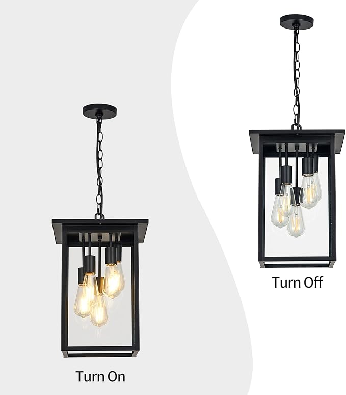 Modern Outdoor Pendant Light with Dual E26 Base Socket, Black Chandelier with Clear Glass Shade, Exterior Hanging Lantern for Front Porch Entrance Foyer Entryway