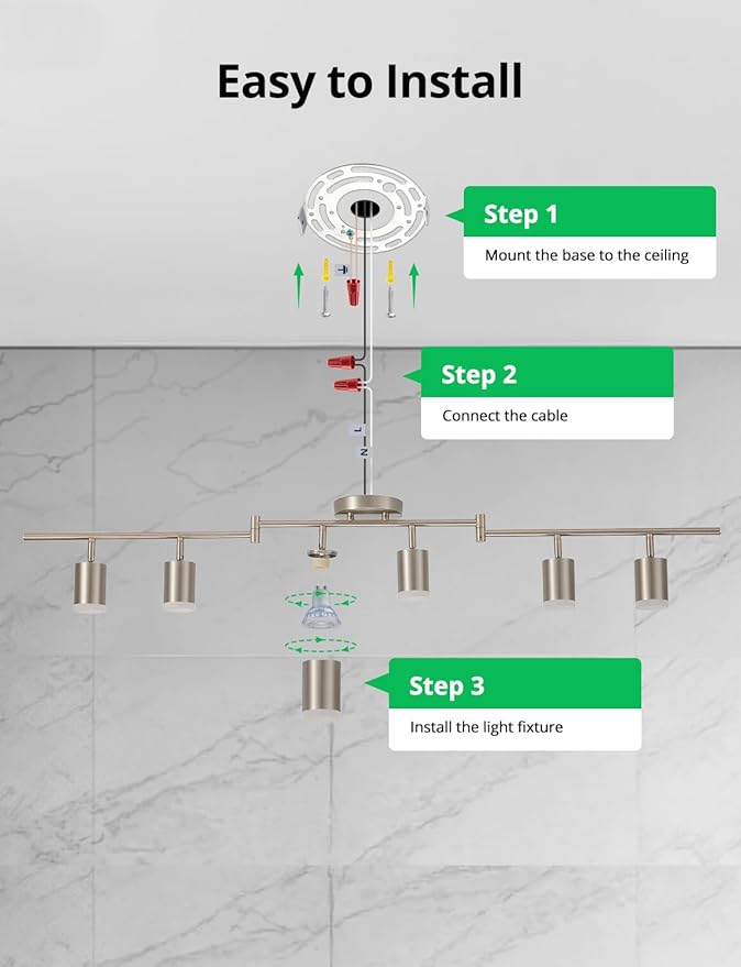 Bojim Track Lighting Fixtures Ceiling Mount for Kitchen, Nickel 6 Way LED Spot Lights Indoor, Flexible Modern Track Light GU10 Socket for Dining Room, Bulbs Not Included