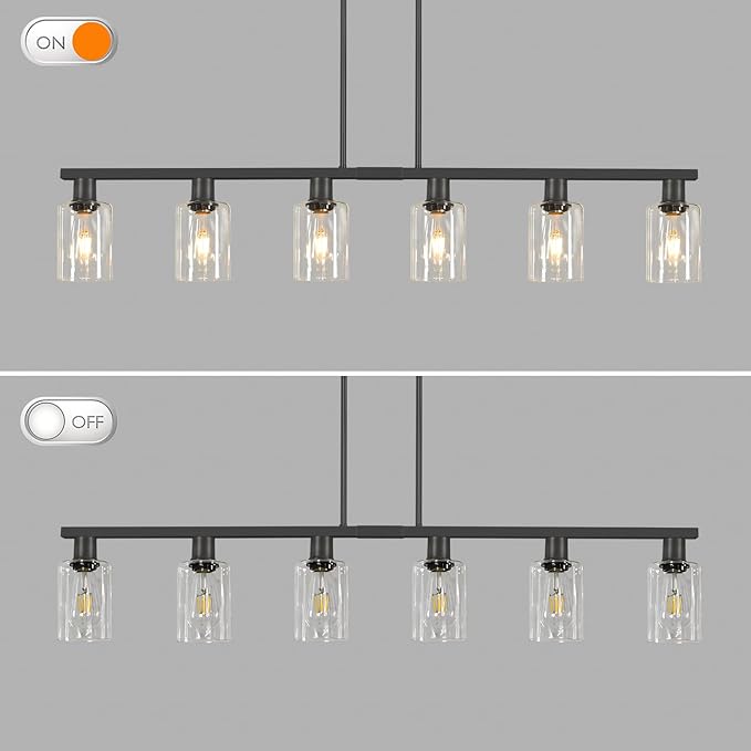 Dining Room Light Fixture Over Table, Black 6-Light Kitchen Island Lighting with Glass Shade & Adjustable Rods, Farmhouse Linear Chandelier Pendant Light for Kitchen Living Room Breakfast Corner