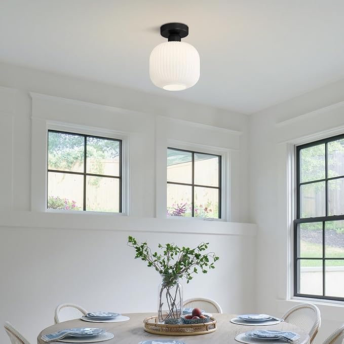 KCO Lighting Modern Farmhouse Black Semi Flush Mount Ceiling Light White Ribbed Glass Flush Mount Ceiling Light Small Hallway Light Fixtures Mid Century Bathroom Ceiling Lighting