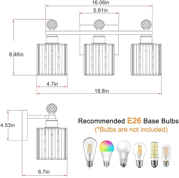 Lxybcce 18.8 Inch Bathroom Vanity Light with Clear Crystal Shades, 3-Light Chrome Modern Fixture for Mirror, Easy Installation & Dimmable Lighting, Shadow-Free Illumination for Bathroom Mirror Decor