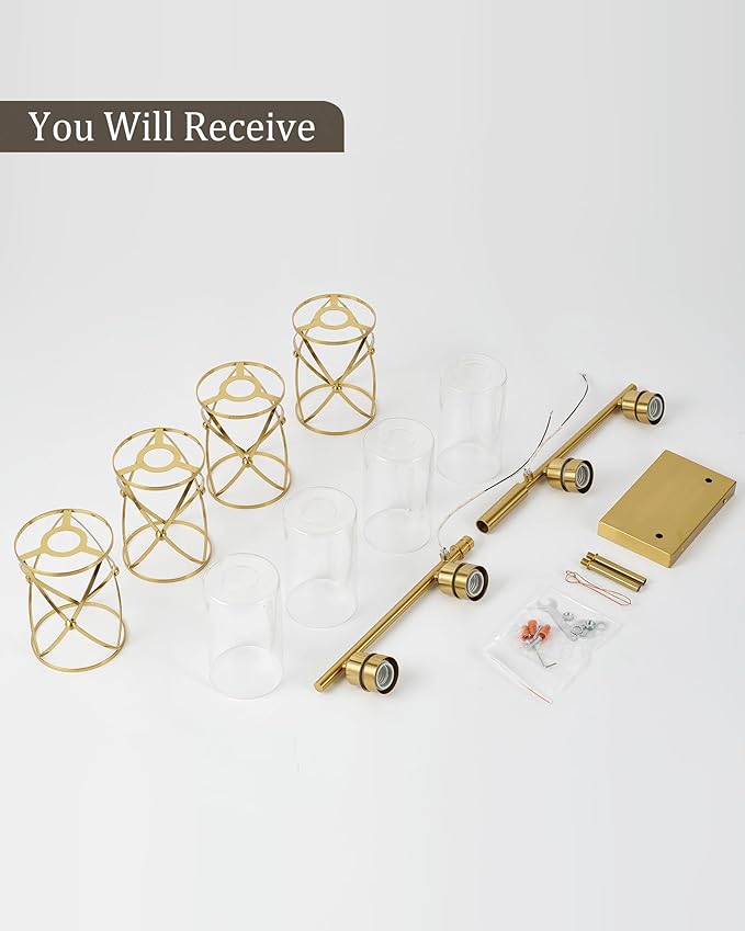 4-Light Brushed Gold Bathroom Light Fixtures, 29 Inch Modern Bathroom Vanity Lighting Fixtures Over Mirror with Clear Glass and Metal Cage Wall Sconce Lights for Bath, E26, CH9176BG-4W