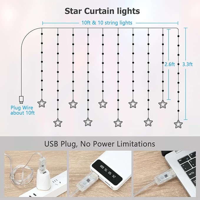 Star Curtain Lights, 10ft x 3.3ft RGB LED Color Changing String Fairy Lights Stars Curtain, Smart APP & IR Remote, 200+ Scene Modes for Bedroom Backdrop Indoor Outdoor Christmas Decorations