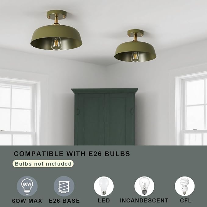 Modern Semi Flush Mount Ceiling Light, 1-Packs Matte Green Hallway Ceiling Light Fixtures,Mid Century Ceiling Lamp for Kitchen Hallway Entryway Bedroom Laundry Room(1 Packs)