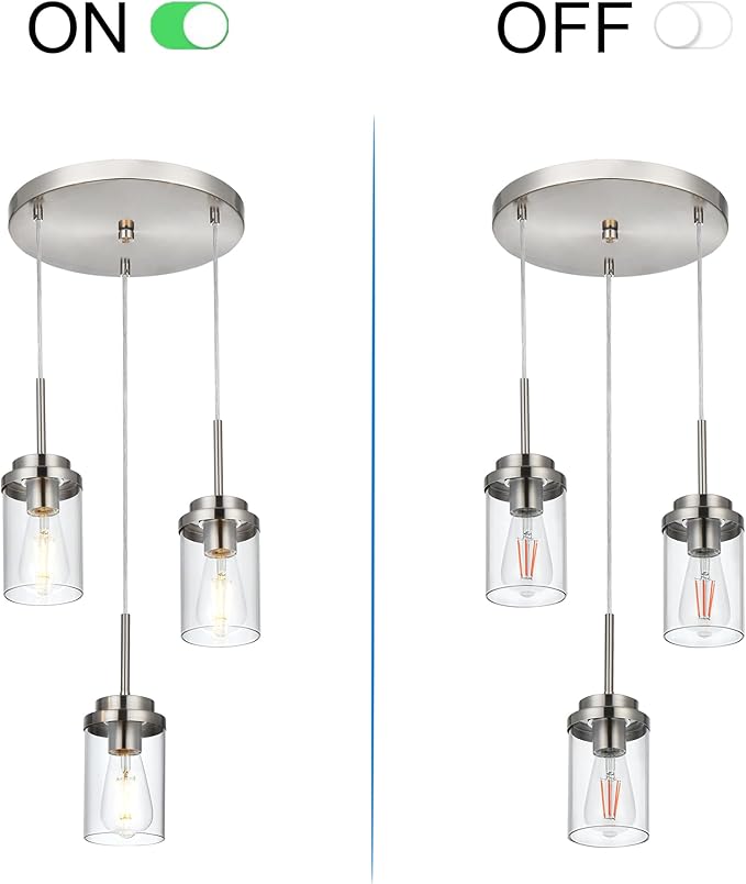 MELUCEE 3-Light Hanging Chandelier Light for Dining Room in Brushed Nickel, Modern Kitchen Island Pendant Lighting Adjustable Hanging Ceiling Lamp with Clear Glass Shade