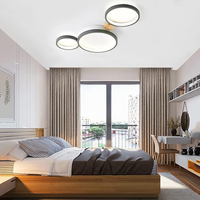 3-Lights LED Ceiling Light Fixture,22 Inch Modern Ceiling Lights Flush Mount Wooden 20W Dimmable Chandelier for Living Room Bedroom Kitchen,3000K/4000K/6000K Temperatures Selectable Grey