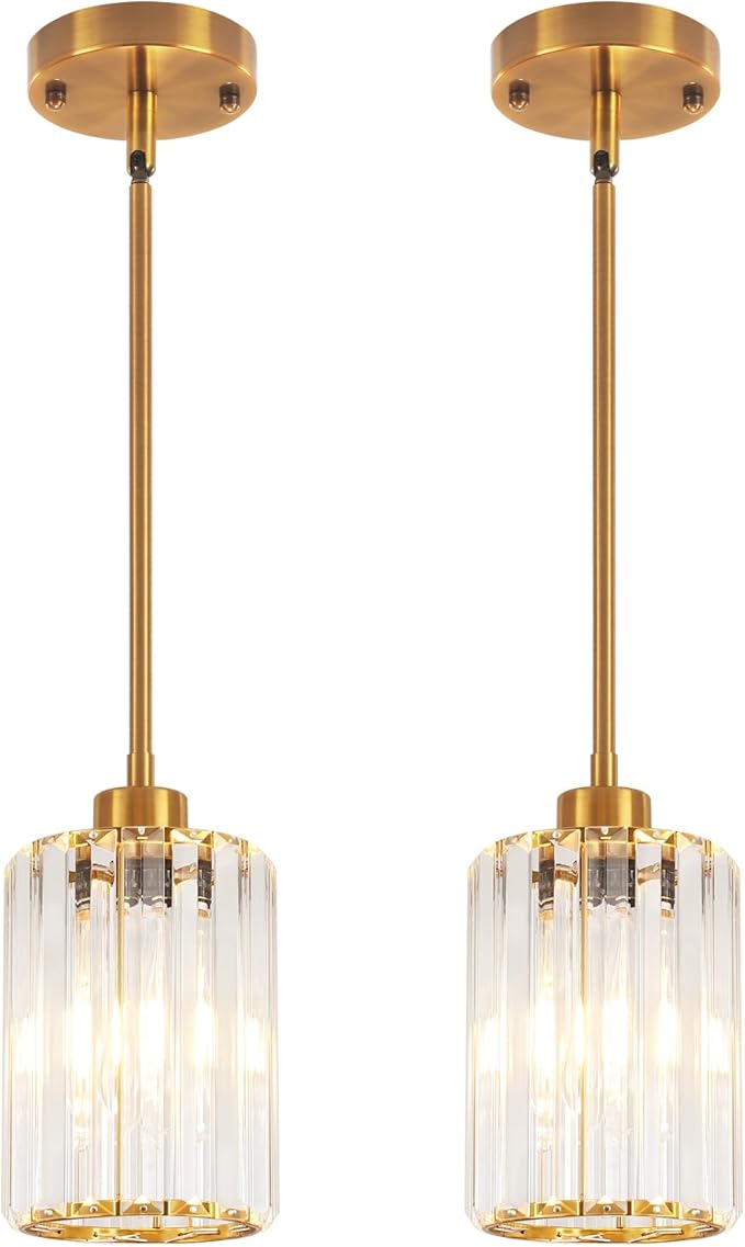 2 Pack Brushed Gold Pendant Lights Kitchen Island, Modern Crystal Kitchen Pendant Lighting Over Island Dining Room Light Fixtures Adjustable Hanging Pendant Light for Bathroom Hallway Foyer Bedroom