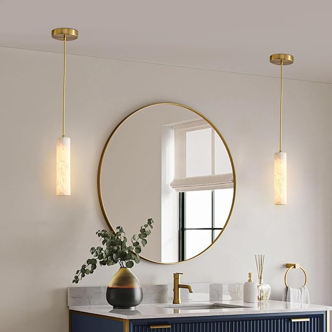 Natural Alabaster Pendant Light Fixture, Modern Marble Kitchen Island Lamp, Long Tube Alabaster Chandelier with LED Light Strip, Small Pendant Light for Kitchen, Dining Room, Living Room (1 Pack)