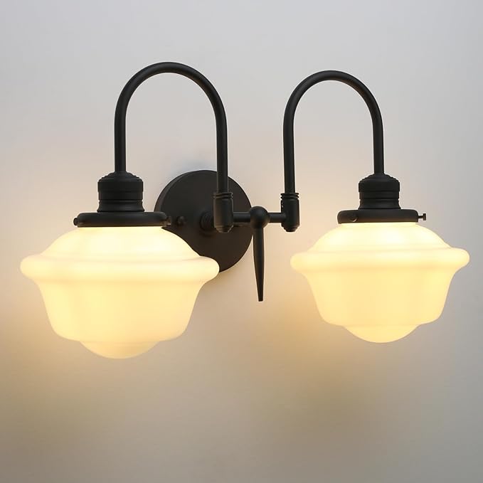 Pathson Vintage Milk White Wall Sconces, 2-Lights Hardwired Glass Bathroom Vanity Light Double Metal Curved Arms, Wall Painting Sconce Lamps Decor for Mirror, Living Room, Loft, Stairwell, Foyer