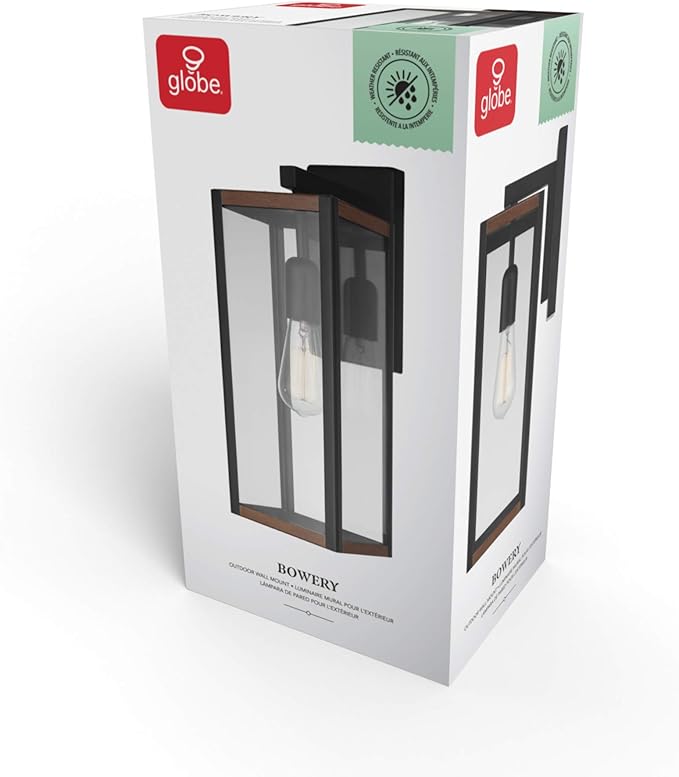 GLOBE Electric 44681 1-Light Outdoor Indoor Wall Sconce, Matte Black, Faux Wood Accents, Clear Glass Shade, Back Porch Lights, Front Patio, Garage Fixture, Exterior Lighting for House