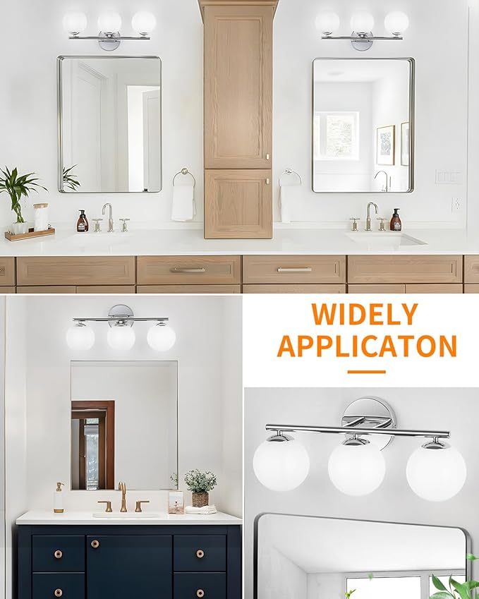 Globe Bathroom Light Fixtures Chrome Vanity Light with Plastic Milk White Globe Shades 11.81 inch Wall Sconce Lighting Over Mirror, 3-Light Vanity Lights for Bathroom Hallway Living Room
