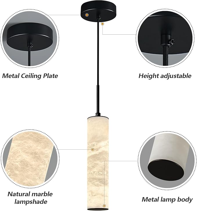 LMQNINE Natural Alabaster Pendant Lights 4000k Modern Black Ceiling Light White Marble Long Tube Chandelier for Kitchen Island Bedroom Dining Room Table Living Room (S-3Pack)