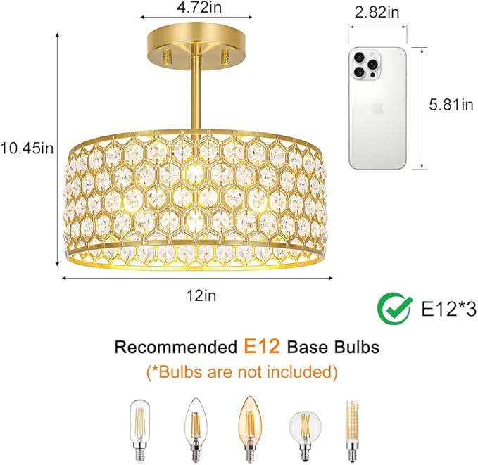 Gold Crystal Ceiling Light Fixture - Modern Semi Flush Mount Ceiling Light for Hallway, Kitchen Lighting Fixtures Ceiling, Dazzling Prism Chandelier for Foyer Closet Bedroom, 3 Light, 12 in