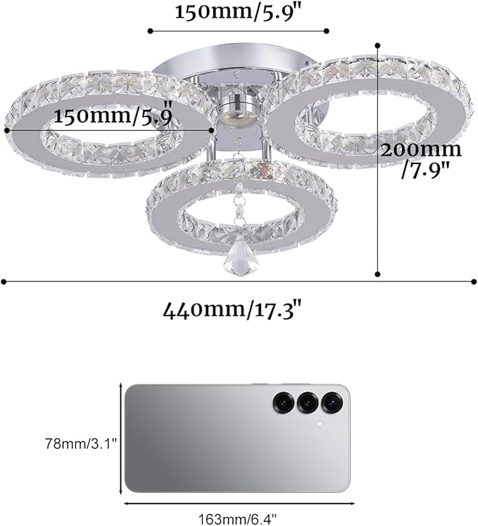 Dimmable LED Crystal Ceiling Light 13x3.5 Inches 3 Rings Crystal Chandelier Flush Mount Lighting Fixture for Bedroom Hobby Living Room
