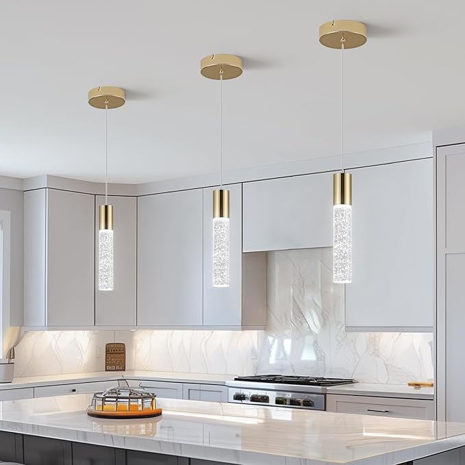 OKELI Modern Pendant Light,3 Color LED Bubble Crystal Island Light Fixtures,Gold Mini 3CCT Pendant Lighting for Kitchen Island,Bar,6W,3000-6000K,ETL(3 Pack