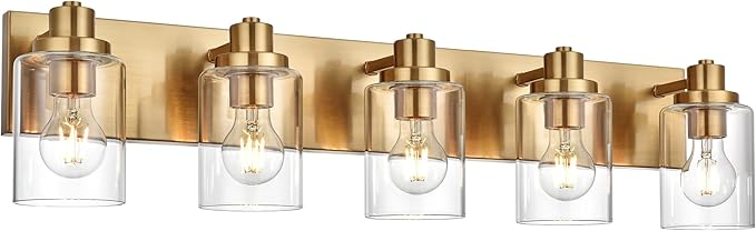 5 Light Bathroom Vanity Lights Brushed Brass Bathroom Lighting Fixtures Over Mirror with Clear Glass Shades, Modern Industrial Wall Sconces Vanity Lighting Fixture for Bedroom Living Room