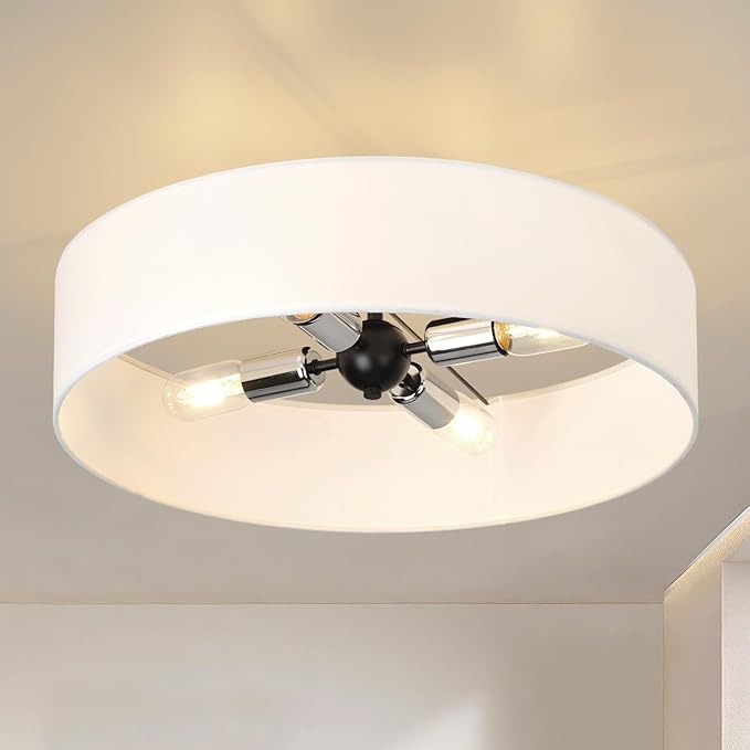 20 Inch Semi Flush Mount Ceiling Lights, Modern Sputnik Chandeliers,4-Light Farmhouse Black and Silver Ceiling Light Fixture with White Fabric Shade, Drum Light Fixtures for Bedroom,Living Room