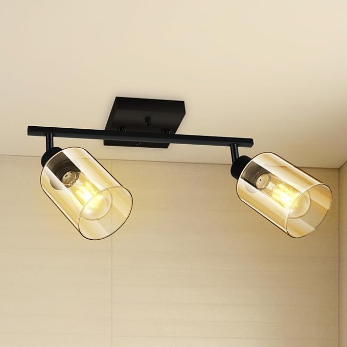 Track Lighting Fixtures Ceiling for Kitchen, Black 2-Light Wall Lights, Modern Led Track Lighting Ceiling with Glass Shade, Rotatable Head, Wall Mount Spotlight for Bathroom Vanity Hallway, E26 Base