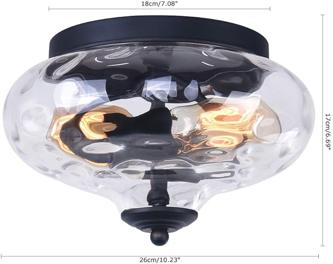 EDISLIVE Modern 2-Light Hammered Glass Flush Mount Light Pendant Ceiling Light Fixture 10.2" Indoor Ceiling Light for Hallyway Foyer Bedroom(Black)