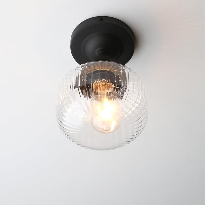 Industrial Semi Flush Mount Ceiling Light, Clear Striped Glass Pendant Shade Farmhouse Light Fixture, Close to Ceiling Light Fixture for Porch, Hallway, Entryway, Kitchen, Bedroom, Hotel
