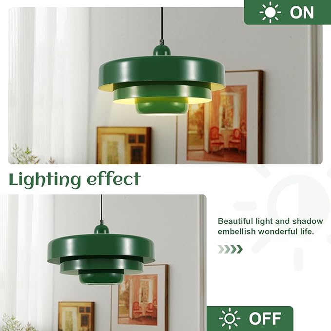 Set of 2 Green Pendant Lights, Small 3-Layer Metal Shade Chandeliers, Modern Farmhouse Island Lights for Kitchen Over Sink, Foyer, and Dining Room
