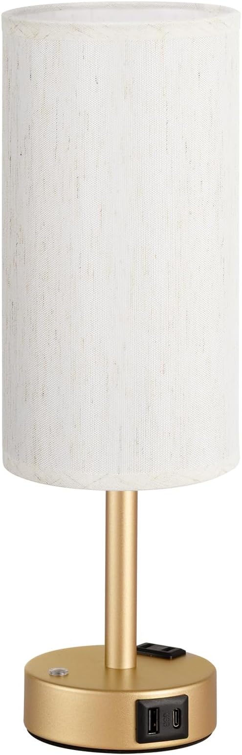 Touch Bedside Table Lamp with Memory - Stepless Dimmable Lamp for Bedroom, Small Nightstand Lamp with Dual USB Charging Ports and AC Outlet, Wood Night Light, Deak Lamp for Nursery (Cream & Gold)