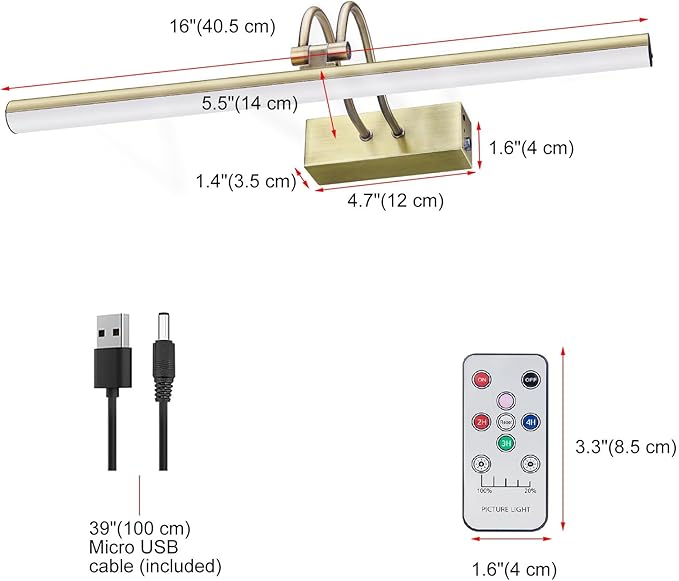 RAIFOOLLY Picture Light, Cordless Picture Lights for Wall,16inch Picture Lights with Timer and Dimmable, 5000mAh Battery Wall Lights for Display Gallery Painting Art Frame Portrait, Metal, AB