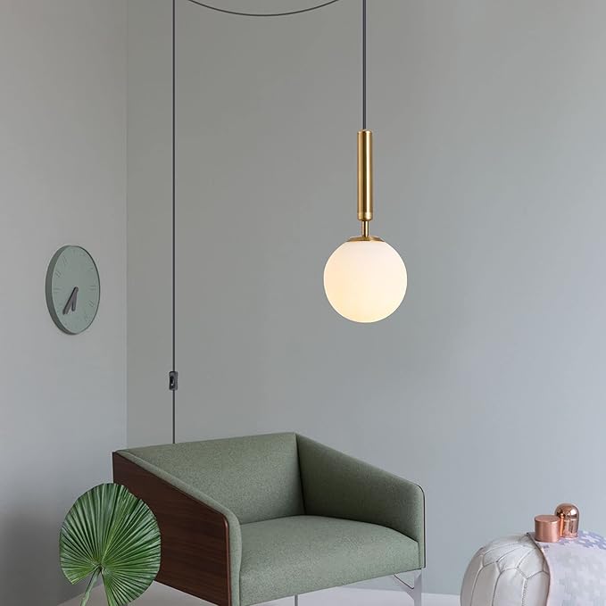 KCO Modern Gold Globe Pendant Lamp Plug in Mid Century White Frosted Glass Adjustable Ceiling Lamp Industrial Brass Gold Round Ball On/Off Chandelier for Farmhouse Kitchen Island Bedroom