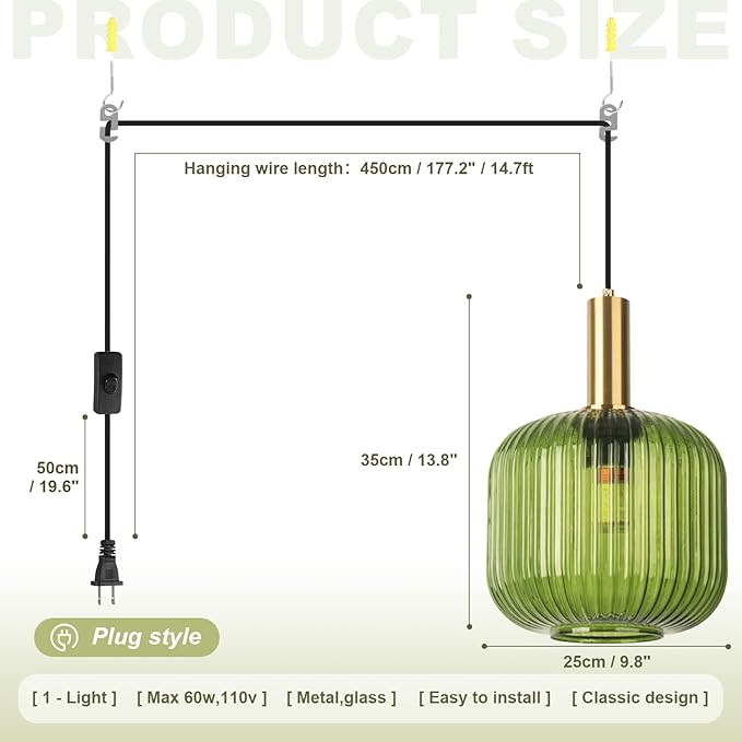Green Glass Plug in Pendant Light 9.8" Vintage Gold Brass Hanging Lamp with On/Off Switch Mid Century Modern Plug in Hanging Light for Kitchen Dining Room Living Room Bedroom