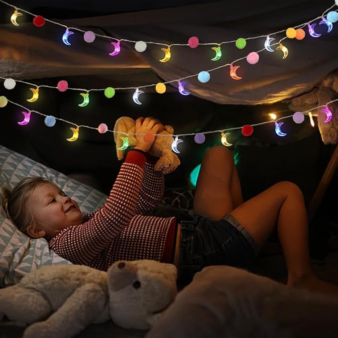 9.85FT String Lights Room Decor with 20 Cute PomPoms 20 Colorful LED Lights Battery Operated with Timer for Girls Bedroom Birthday Party Kids Playhouse Wedding Valentine's Day Christmas Decoration