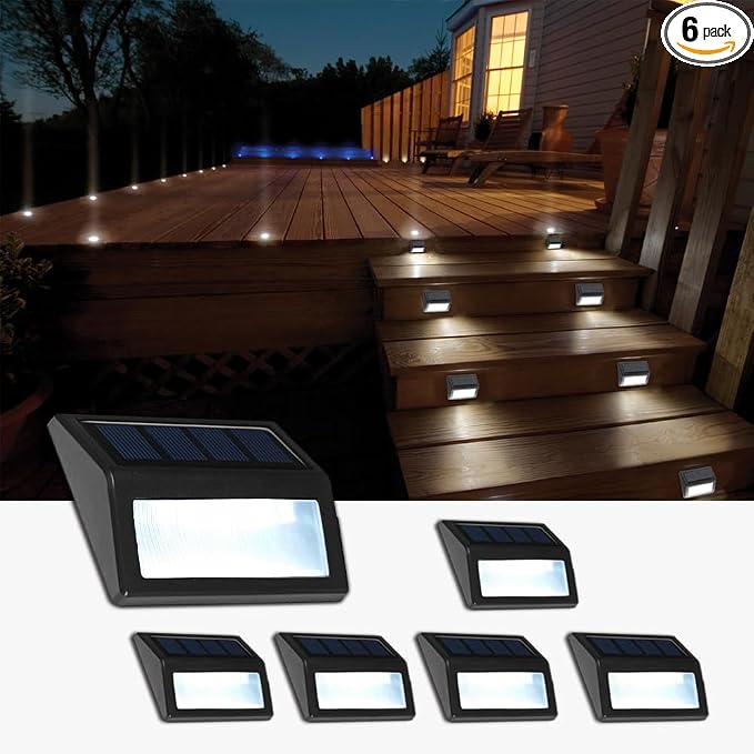 Solar Lights Outdoor, Waterproof Solar Powered Deck Step Lights for Patio Garden Backyard Garage Driveway Pathway Outside Wall Lighting (Cool White, 6-Pack)