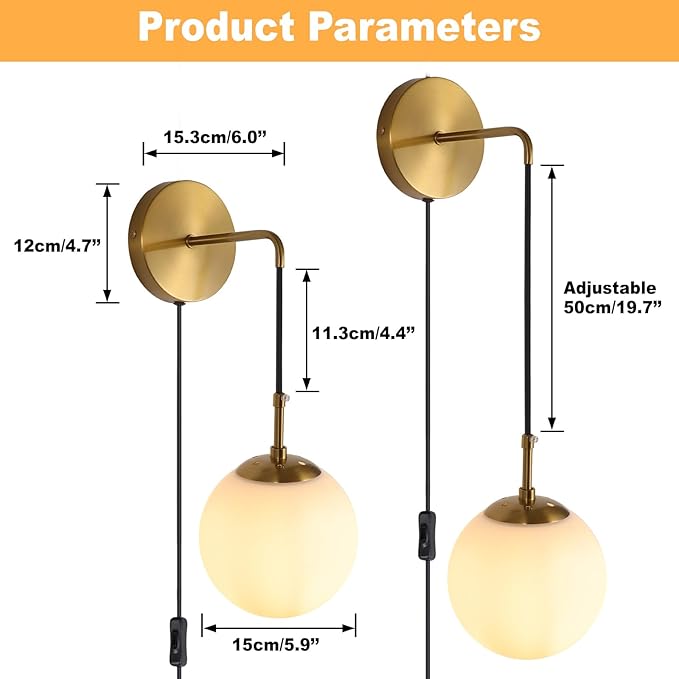 KUZZULL Wall Sconces Set of Two Plug in Wall Sconces Brushed Brass Gold Wall Lamp with Cord Wall Sconce Plug in with Globe White Glass Shade Sconces Set of 2 Wall Light Sconce