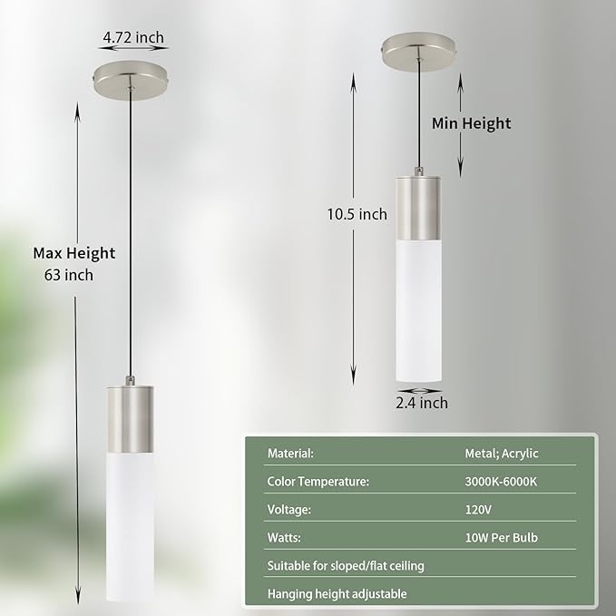 Modern Pendant Lights Kitchen Island 3 Pack LED Pendant Lighting Brushed Nickel with Milky White Lampshade Adjustable Hanging Ceiling Light for Dining Room Bath Entryway, 3000K-6000K