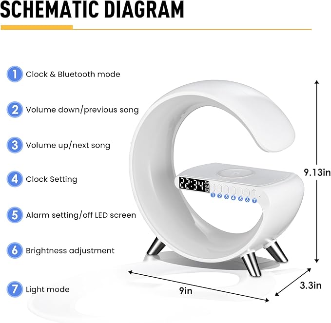 LeeNabao Smart LED Table Lamp, 4-in-1 Wireless Charger, Night Light, Alarm Clock, and Bluetooth Speaker with App Control for Bedroom, Office, and Home Decor (White)