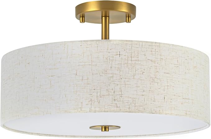 Bargeni Semi Flush Mount Ceiling Light Fixture,16 inch Drum Flush Mount Ceiling Light, Modern Light Fixtures Ceiling Mount with Matte Brass Finish, Semi Flush Ceiling Light for Bedroom,Dining Room