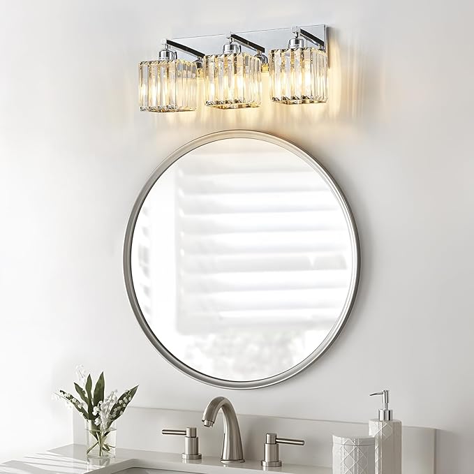 Modern Bathroom Vanity Light 3-Lights Modern Chrome Crystal Bathroom Light Fixtures Over Mirror Chrome Vanity Lighting Crystal Wall Sconce
