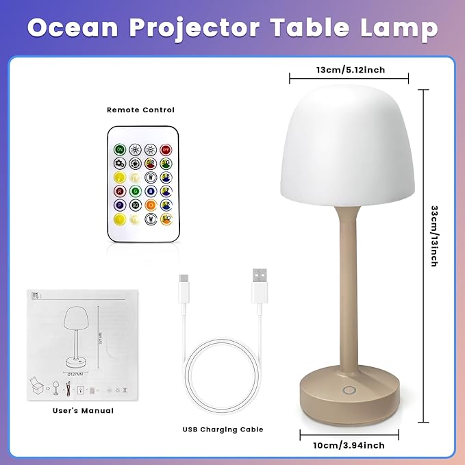 RGB Ocean Wave Projector, Rechargeable Table Lamps with Remote & Touch Control, Cordless LED Projector Light with 16 Color Changeable for Kitchen Counter Nightstand Desk Bathroom (White)