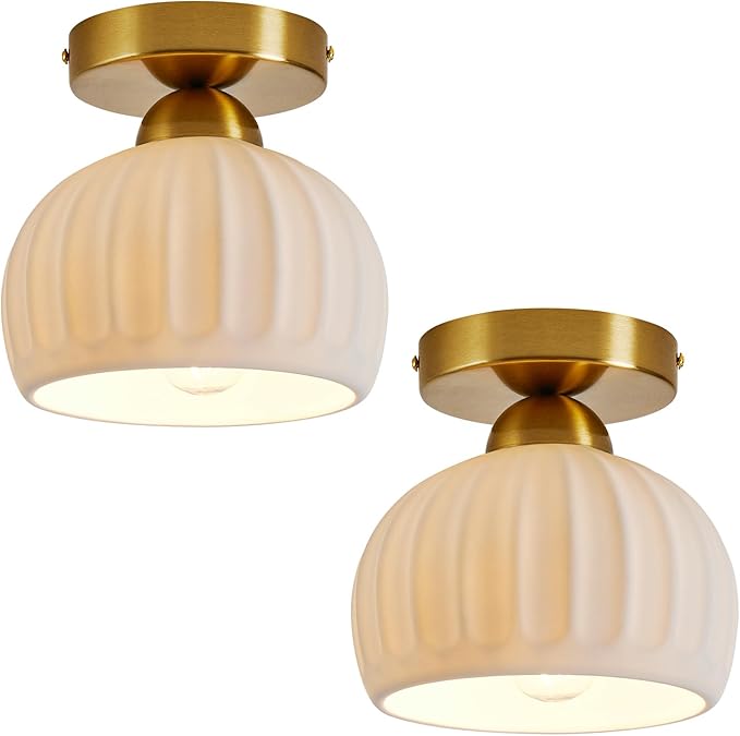 Vintage Ceramic Semi Flush Mount Ceiling Light - 2 Pack, Gold Hallway Light Fixtures, White Globe Ceiling Lights,Mid Century Small Chandelier Light Fixture for Cottage Entryway Laundry Room Kitchen