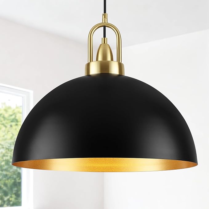 16'' Black Dome Pendant Light, Modern Farmhouse Pendant Light Fixture, Large Hanging Ceiling Pendant Lighting for Kitchen Island Dining Room Foyer Hallway Bar Cafe