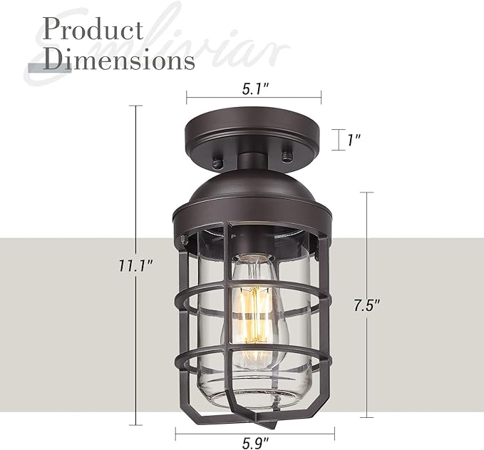Emliviar 2 Pack Classic Ceiling Lamps for Porch, Semi Flush Mount Ceiling Light Fixtures with Clear Tempered Glass Shade in Oil Rubbed Bronze Finish, GE255LF-2PK ORB