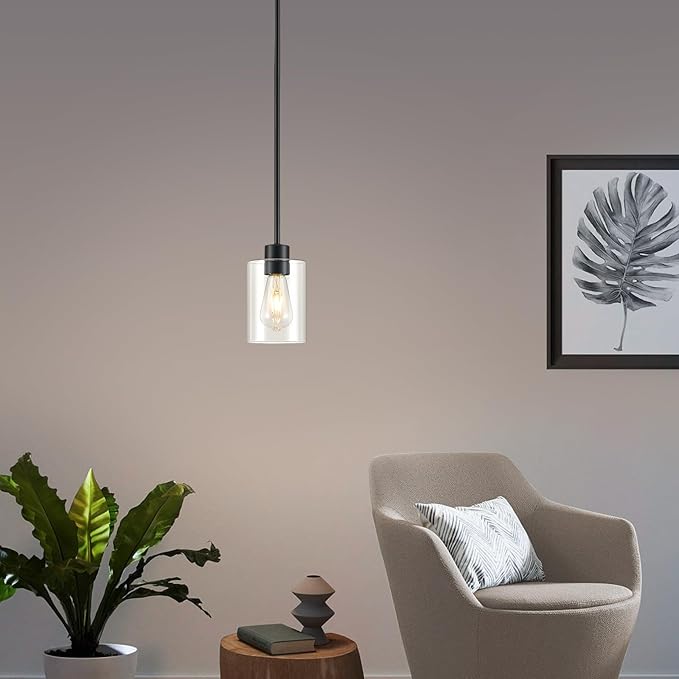 Modern Farmhouse Black Pendant Lights, Mini Hanging Light Fixture with Clear Glass Shade, Adjustable Rods for Kitchen Island, Sink, Bar (1 Pack)