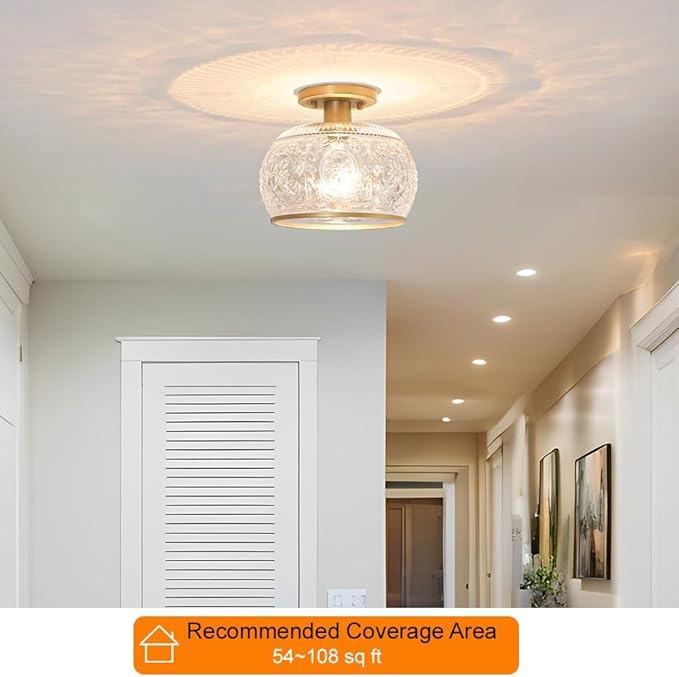 Gold Semi-Flush Mount Ceiling Light with Globe Glass – Vintage Ceiling Lighting for Hallway, Kitchen, Entryway, Bathroom & Closet