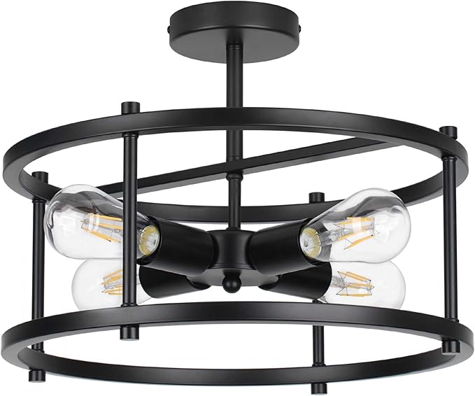 16'' Semi Flush Mount Ceiling Light 4-Light Industrial Light Fixtures Ceiling Mount Black Chandelier Light Fxiture for Kitchen Dining Room Entryway Bedroom Living Room